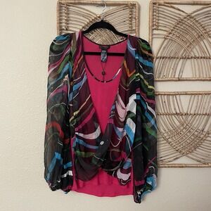 Custo‎ Barcelona Y2K 60s Psychedelic Sheer Top Blouse Vibrant Funk Hip Sz 2 B34